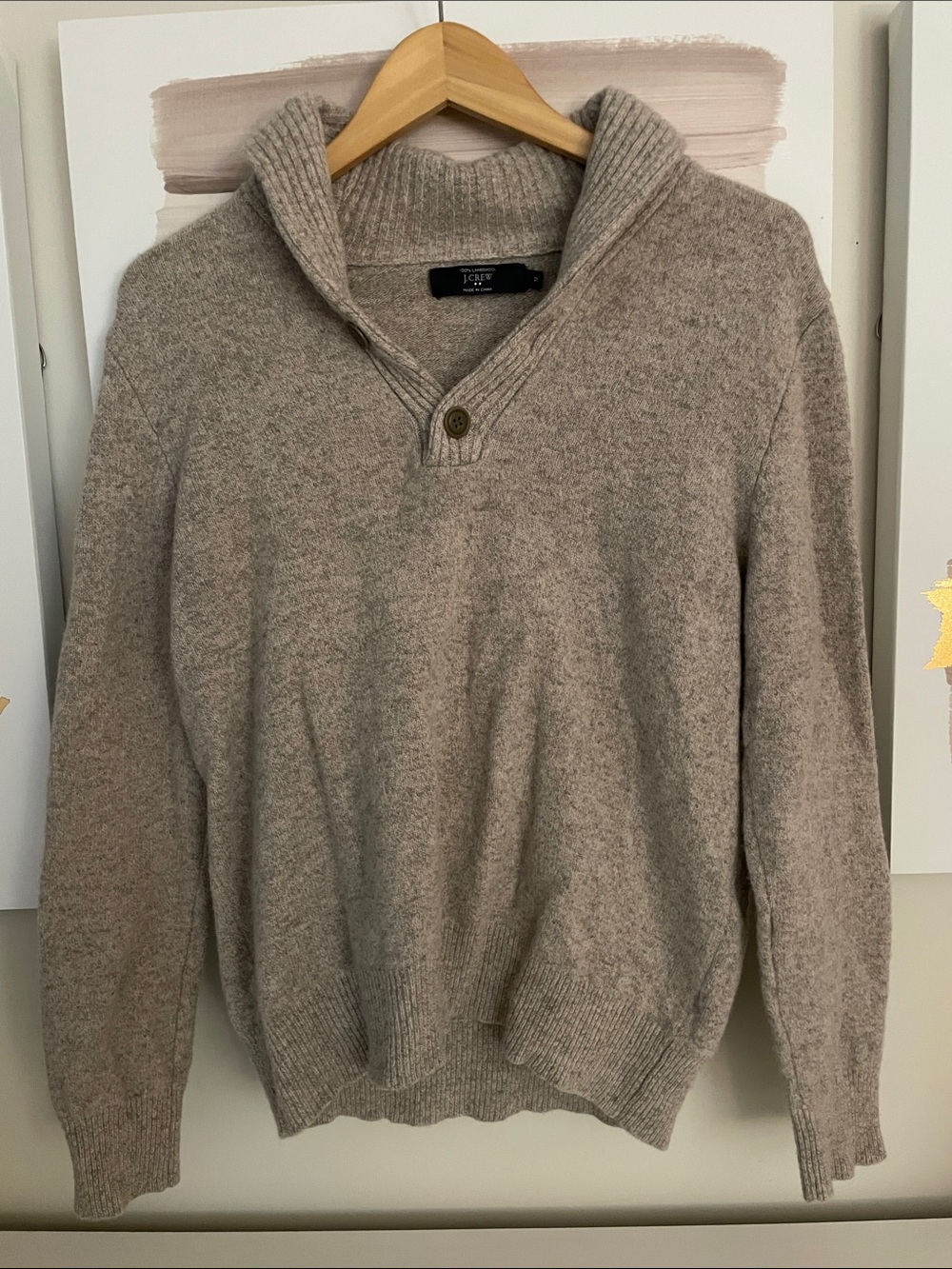 J.Crew 100% Lambswool Men’s Shawl Collar Button Sweater - Heather Taupe